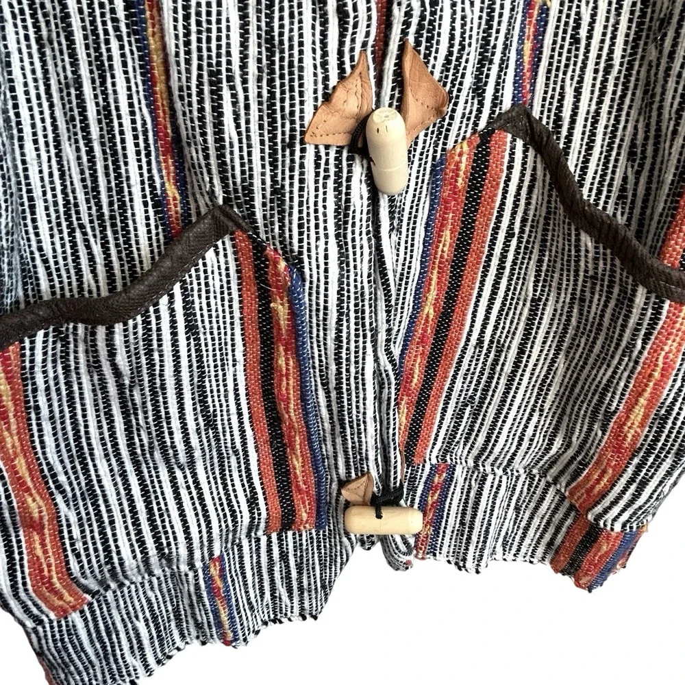 Boho Baja Hoodie Mexican Blanket Toggle Jacket Medium Indie Festival Surf Stripe